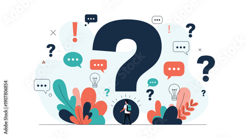 Small figure of a man walking into a dark circle at the base of a giant question mark surrounded by various symbols of confusion.