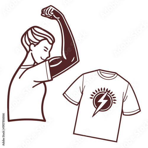 A drawing of a man flexing and a t-shirt