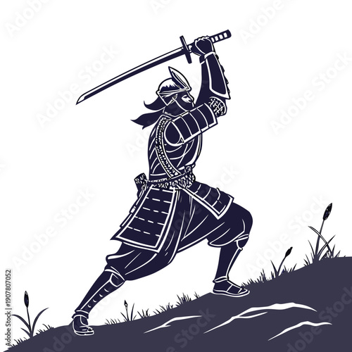 A samurai warrior poised with a sword on a hill