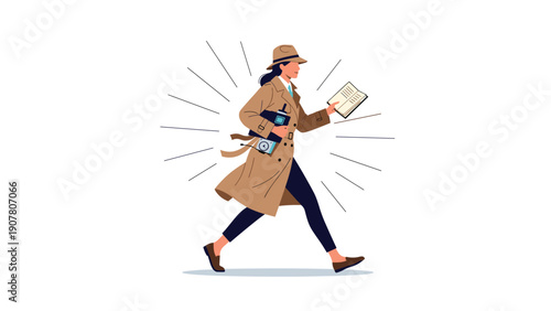 Determined woman in a trench coat and hat walking briskly while holding an open notebook and a pen as if investigating a mystery.