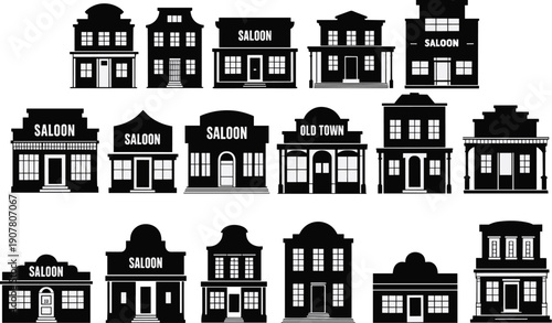 Old West town building silhouettes, vintage saloon facades, rustic architecture, western frontier illustration, historical themed design elements