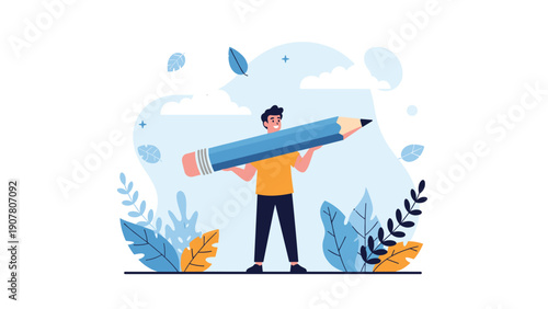 Creative young man smiling while holding a large blue pencil over his shoulder in a landscape with colorful stylized plants and leaves.