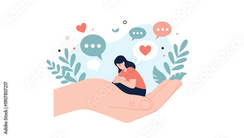 Large protective hand holding a tiny woman sitting in a sad and pensive pose while surrounded by speech bubbles and soft nature elements.