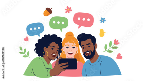 Three cheerful and diverse friends, two women and one man, laughing and taking a selfie together while surrounded by flowers and nature.