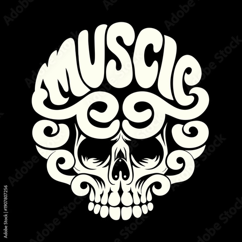 A white skull with curly designs and the word muscle on a black background
