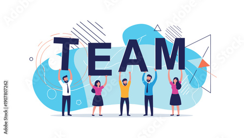 Group of five diverse and happy office workers holding up large dark letters that spell the word TEAM in front of a blue background.