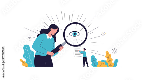 Woman using a giant magnifying glass to examine a tiny man holding a document representing recruitment, research, or meticulous observation.