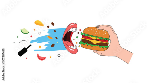 Large hand holding a delicious giant hamburger and feeding it to a wide open mouth with food particles and a splash in the background.