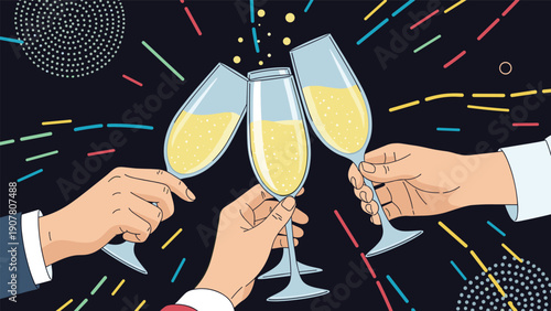 Diverse group of professional people hands raising champagne glasses for celebratory toast with festive background graphics.