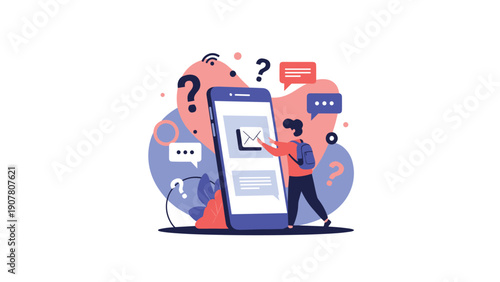 Young person standing next to giant smartphone interacting with email messages surrounded by icons and abstract shapes.