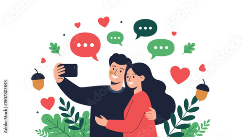 Happy young couple taking selfie with smartphone surrounded by romantic hearts speech bubbles and falling autumn leaves.