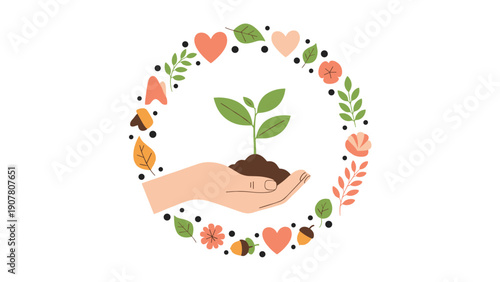 Human hand gently cradling small green sprout surrounded by decorative floral wreath with hearts and autumn leaves symbols.