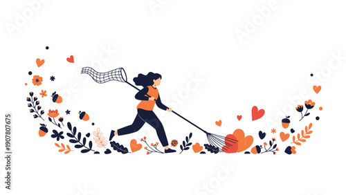 Active young woman running while using rake to gather large heart shaped leaves into pile within decorative floral border.