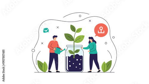 Professional man and woman working together to water green plant growing inside glass jar representing shared growth and care.