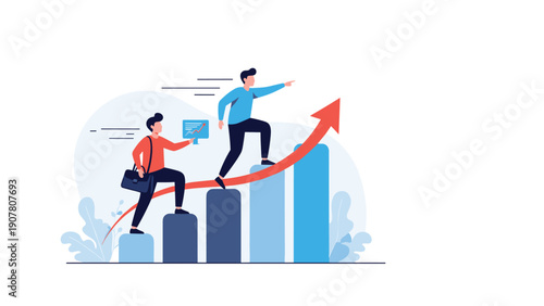 Two ambitious businessmen climbing up rising bar chart with large red arrow pointing towards financial success and growth.