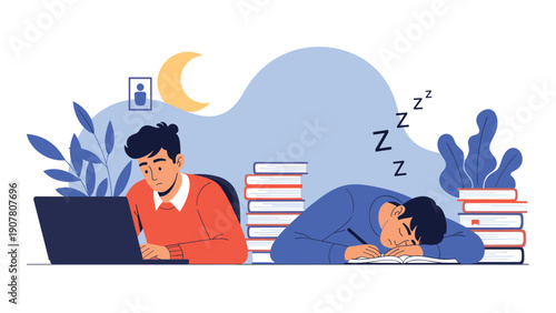 Contrast between two students where one works on laptop while other sleeps on pile of books late at night under the moon.