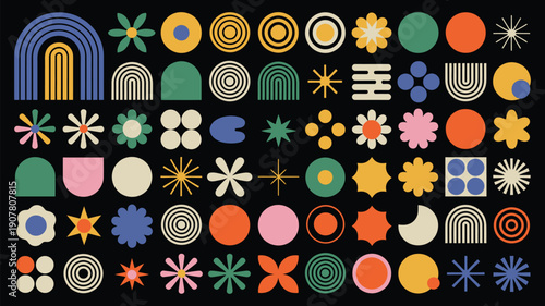 colorful collection of abstract geometric shapes and floral inspired patterns fills the entire frame high-quality professional detailed modern