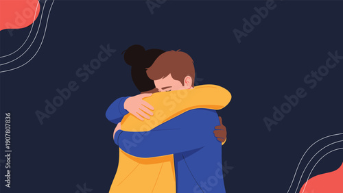Close up of interracial couple embracing in warm hug on dark blue background with abstract wavy lines and orange shapes.