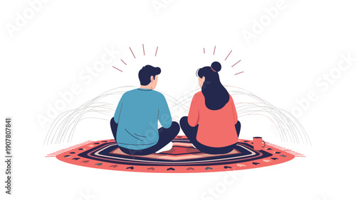 Man and woman sitting back to back on patterned rug looking out into open pages of giant book of knowledge and light.