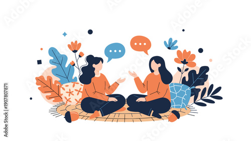 Two women sitting cross legged on rug in garden having friendly conversation surrounded by flowers and autumn leaves.