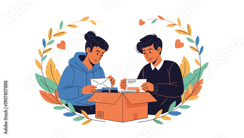 Two happy men opening large cardboard delivery box together surrounded by decorative floral wreath and romantic hearts.