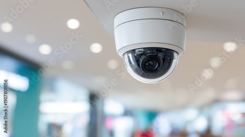 Wallpaper Mural Surveillance Camera Mounted on Ceiling with Blurred Background Indicating Security and Monitoring in a Commercial Space Torontodigital.ca