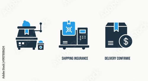 Set of icons representing logistics and shipping services: weighing, insurance, and delivery confirmation with price symbol.