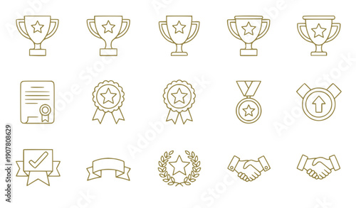 Golden Award Icons Set with Trophies and Ribbons vector illustration