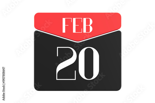 20 February calendar single day, week vector, illustration icon. white, red, black, and white color background calendar page vector for of the month February 20