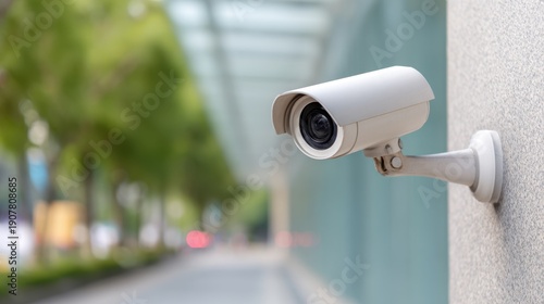 Wallpaper Mural Surveillance Camera Capturing Moments in a Modern Urban Environment with Lush Greenery and Soft Lighting Effects Torontodigital.ca