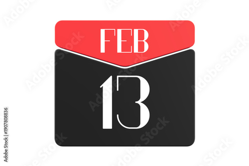 13 February calendar single day, week vector, illustration icon. white, red, black, and white color background calendar page vector for of the month February 13