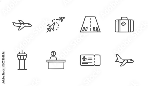 Travel and business essentials set flat design vector illustration with airplane, suitcase, books, lamp, and icons
