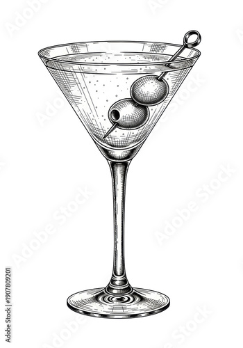 highly detailed vintage line art etching of a chilled gin martini cocktail in a tall-stemmed conical glass with an olive, cross-hatching detail on a transparent background. concept for menu design