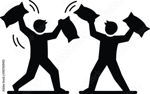 Pillow Fight Day Celebration, Playful Friends Competition at Home Silhouette