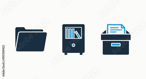 Icons representing document storage and organization: open folder, bookshelf with books, and a box of papers.