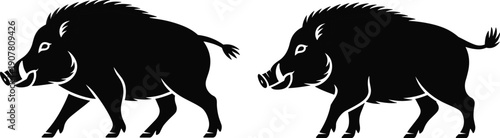 Stylized wild boar silhouettes facing each other, bold graphic animal illustration with tusks, bristled mane, curled tail design