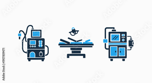 Medical equipment icons: ventilator, operating table, and patient monitor, representing modern healthcare technology.