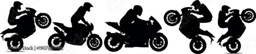 Black Silhouette of Motorcyclist Performing Wheelie Stunt on Sports Bike, Isolated Vector Illustration Set for Extreme Sports Design