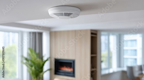 Wallpaper Mural Modern Ceiling Smoke Detector in a Stylish Living Room with Fire Place and Windows Overlooking a Green Landscape Torontodigital.ca