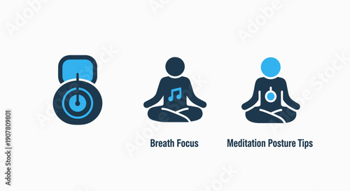 Meditation and focus icons: target with indicator, seated figure with music note, seated figure with internal light. Promoting calm and concentration.