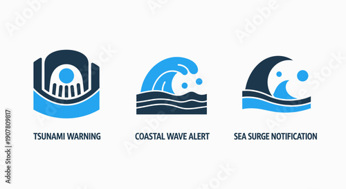 Natural disaster alert icons: tsunami warning, coastal wave alert, sea surge notification. Ocean and water hazard symbols.