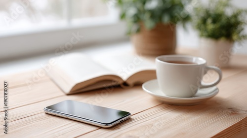 Wallpaper Mural A Cozy Scene with a Smartphone, a Warm Cup of Tea, an Open Book, and Greenery to Create a Serene Atmosphere for Relaxation and Reflection Torontodigital.ca