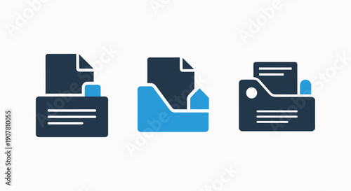 Three modern icons representing document management, filing systems, and inbox organization for business and office use.