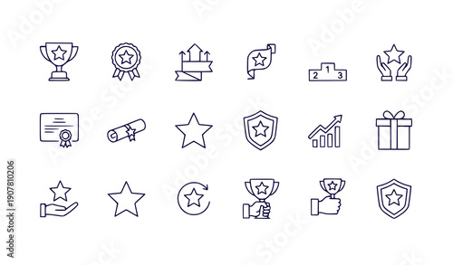 Collection of achievement and success icons flat design vector illustration set with trophies, awards, medals, and business growth symbols