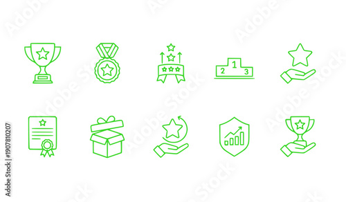 Awards and achievements set with trophies, medals, certificates, and gifts in flat design vector illustration
