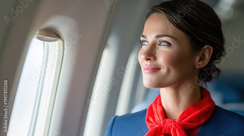 Wallpaper Mural A Thoughtful Flight Attendant Gazes Out the Airplane Window, Capturing the Beauty of Air Travel with a Warm Smile and Elegant Attire Torontodigital.ca
