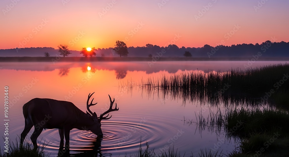 Naklejka premium Deer Drinking Water at Sunset Serene Landscape.