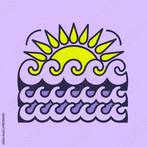 A cartoon sun rising over a wavy ocean