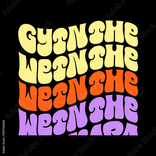 A colorful repeating text design on a black background