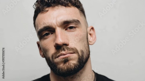 Man looks directly at the camera with a serious expression and short hair in a minimalistic indoor setting with a plain background